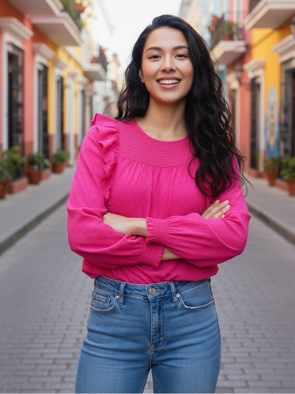 LOFT clip smocked ruffle blouse hot pink xs